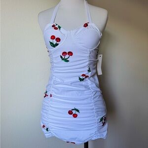 Retro White Cherry Halter Ruched Swimsuit